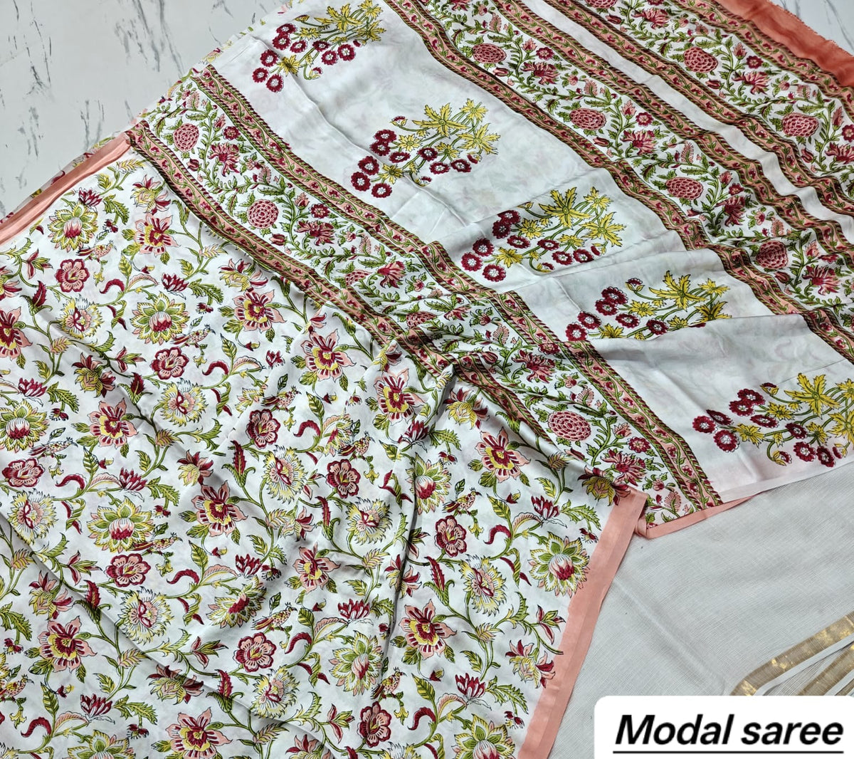 Off-White & Green Floral Handblock Print Pure Modal Silk Ajrakh Saree