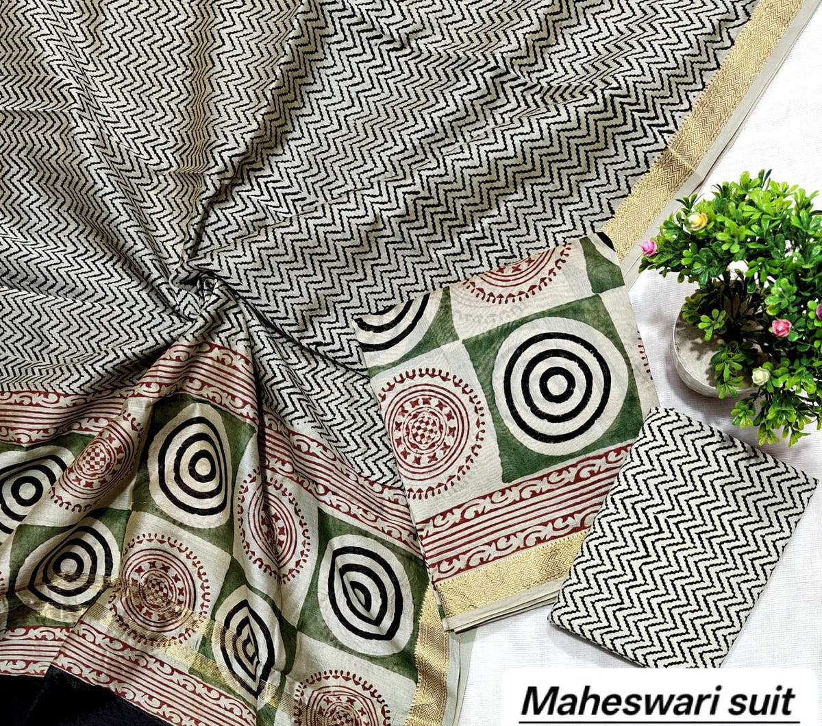 Off-White & Green Geometric Circular Motif Handblock Printed Pure Maheshwari Silk Unstitched Suit Set with Dupatta