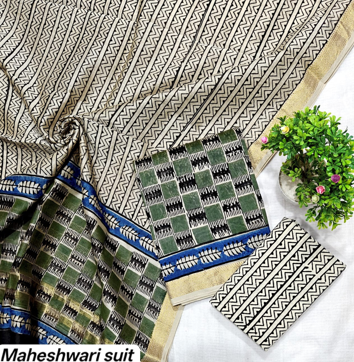 Off-White & Indigo Blue Chevron Motif Handblock Printed Pure Maheshwari Silk Unstitched Suit Set with Dupatta