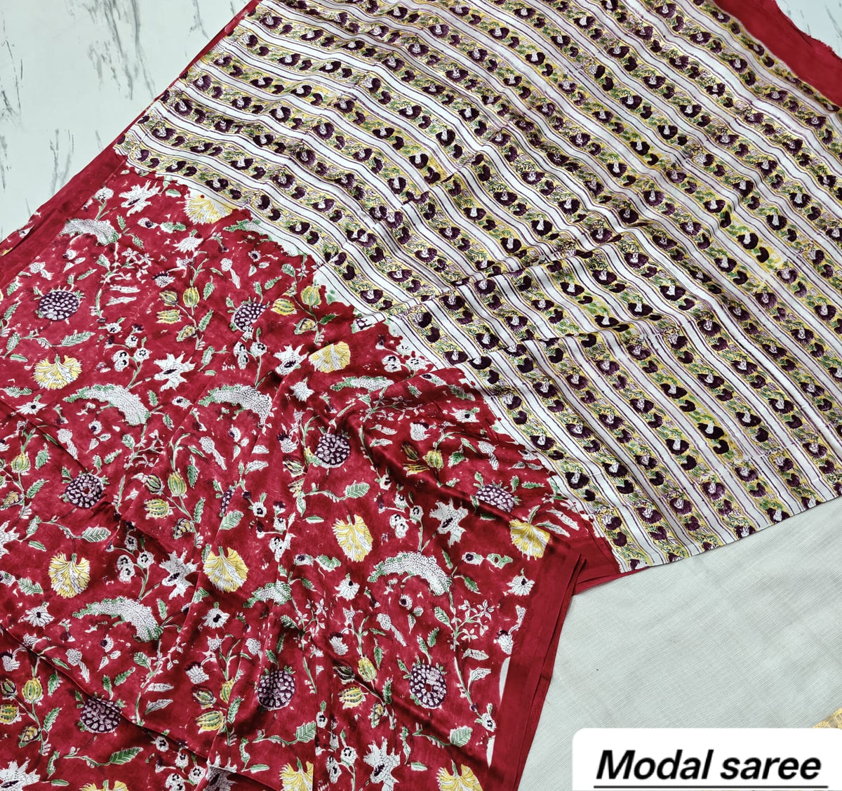 Off-White & Maroon Floral Handblock Print Pure Modal Silk Ajrakh Saree