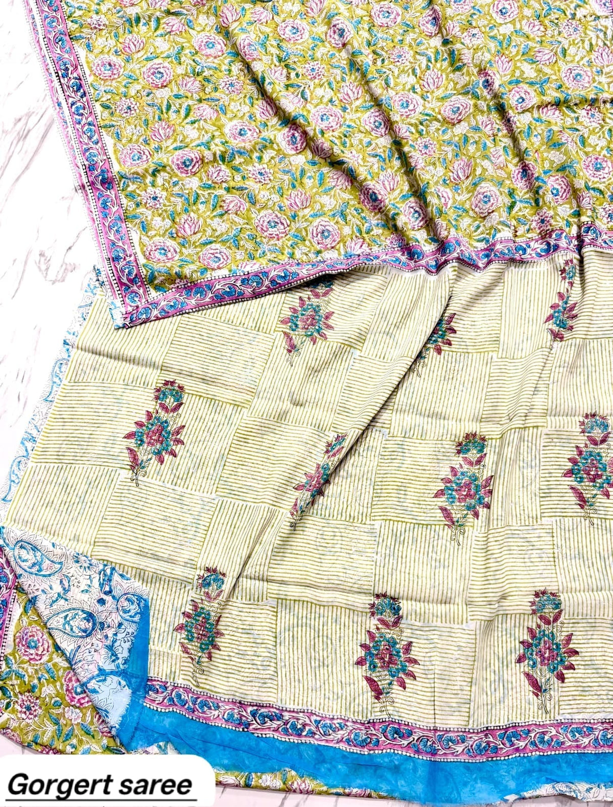 Off-White & Purple Floral Handblock Printed Georgette Saree