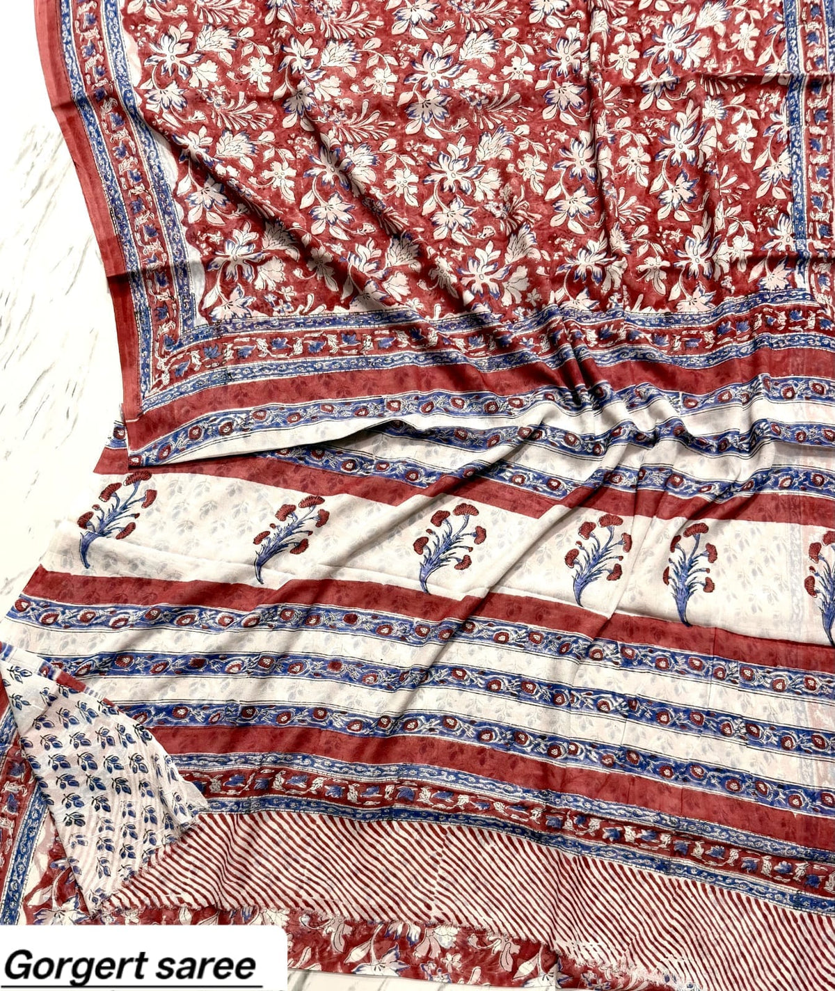 Off-White & Red Floral Handblock Printed Georgette Saree