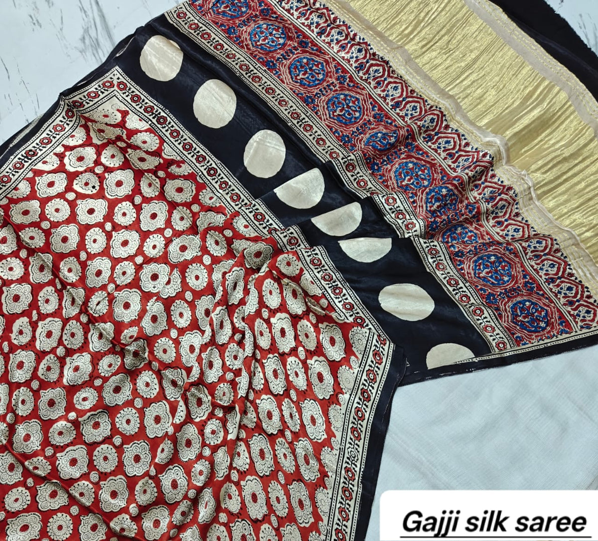 Off-White & Red Geometric Ajrakh Handblock Saree in Pure Gajji Silk
