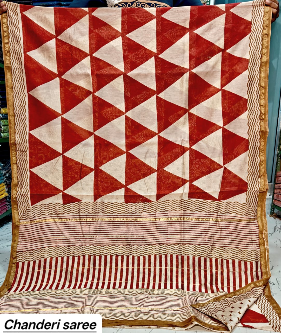 Off-White & Red Geometric Triangle Chanderi Bagru Handblock Printed Silk Saree With Blouse