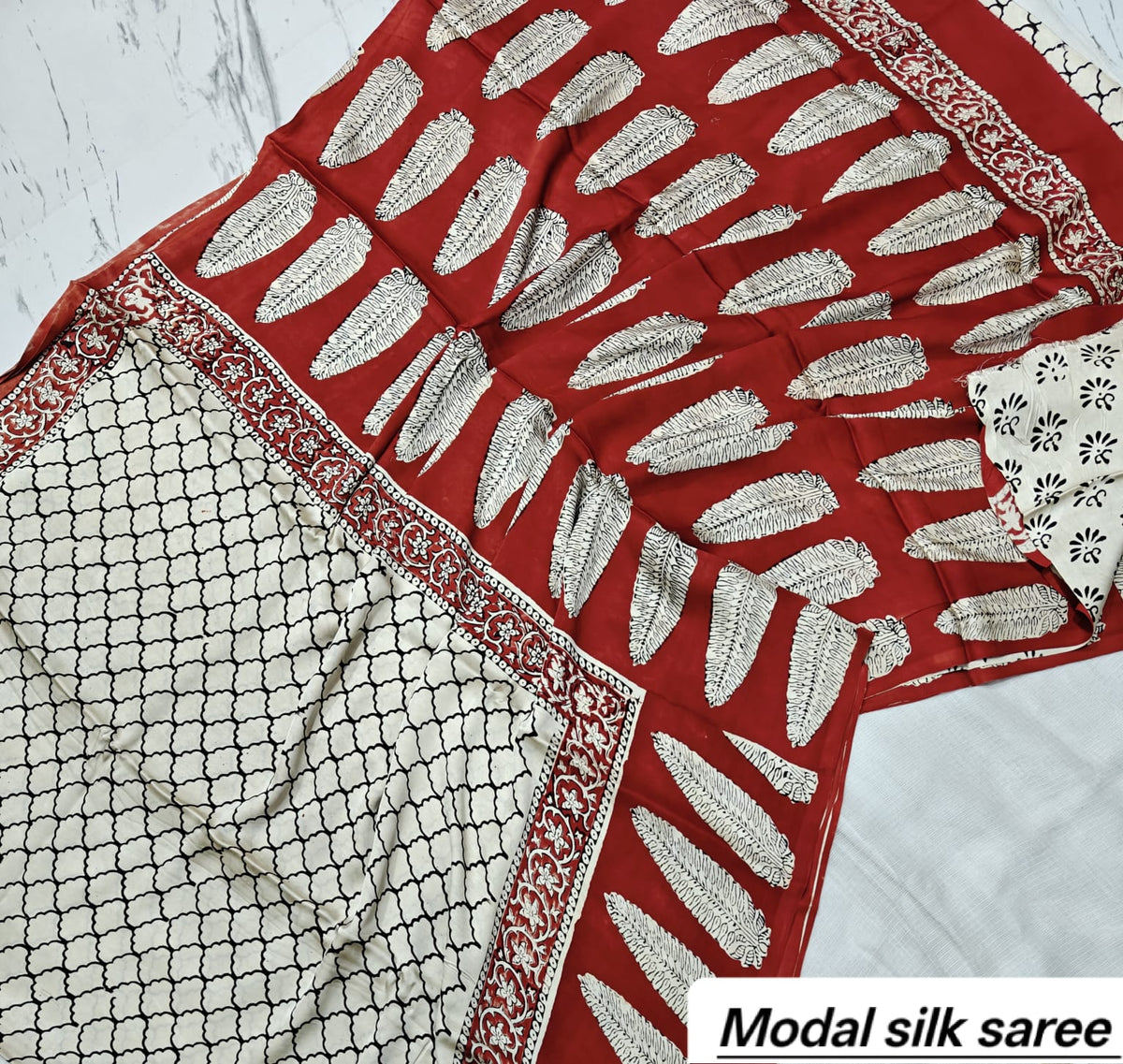 Off-White & Red Leaf Motif Handblock Print Pure Modal Silk Ajrakh Saree