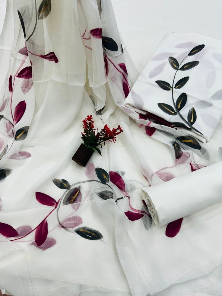 Off-White and Maroon Leaf Painted Traditional Handblock Cotton Suit Set with Chiffon Dupatta