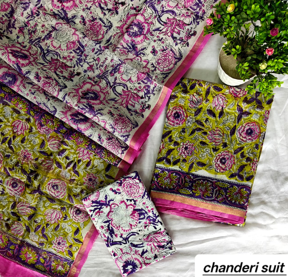 Olive Green and Purple Floral Pattern Handblock Printed Pure Chanderi Silk Unstitched Suit Set