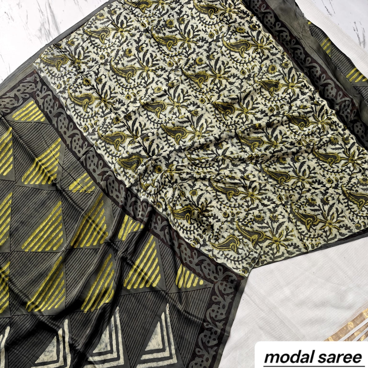 Olive Green & Black Chevron Handblock Print Pure Modal Silk Ajrakh Saree