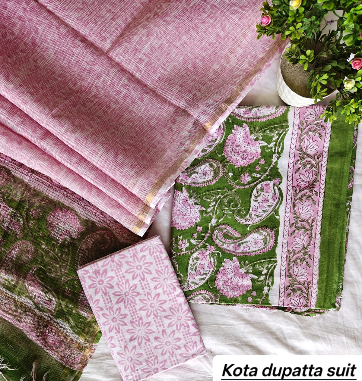 Pastel Pink and Olive Green Floral Traditional Cotton Suit Set with Kota Doria Dupatta (Handblock Printed)