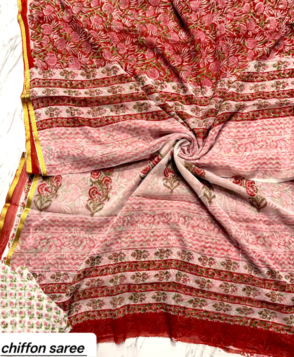 Peach Pink Geometric Pure Hand Block Printed Double Diamond Chiffon Saree