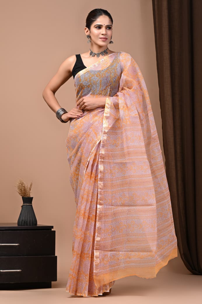 Peach & Pink Striped Hand Block Printed Kota Doria Cotton Saree