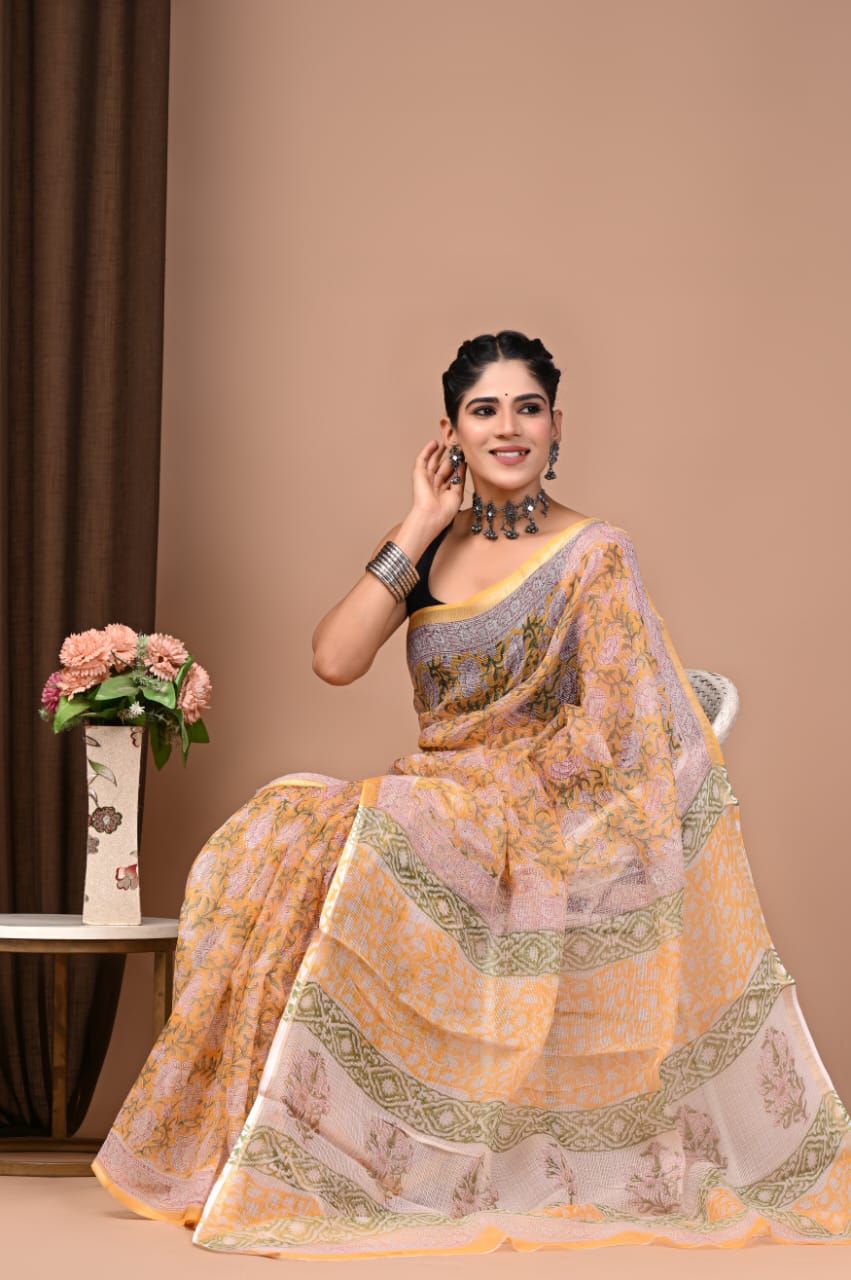 Peach & Yellow Floral Hand Painted Hand Block Printed Kota Doria Cotton Saree