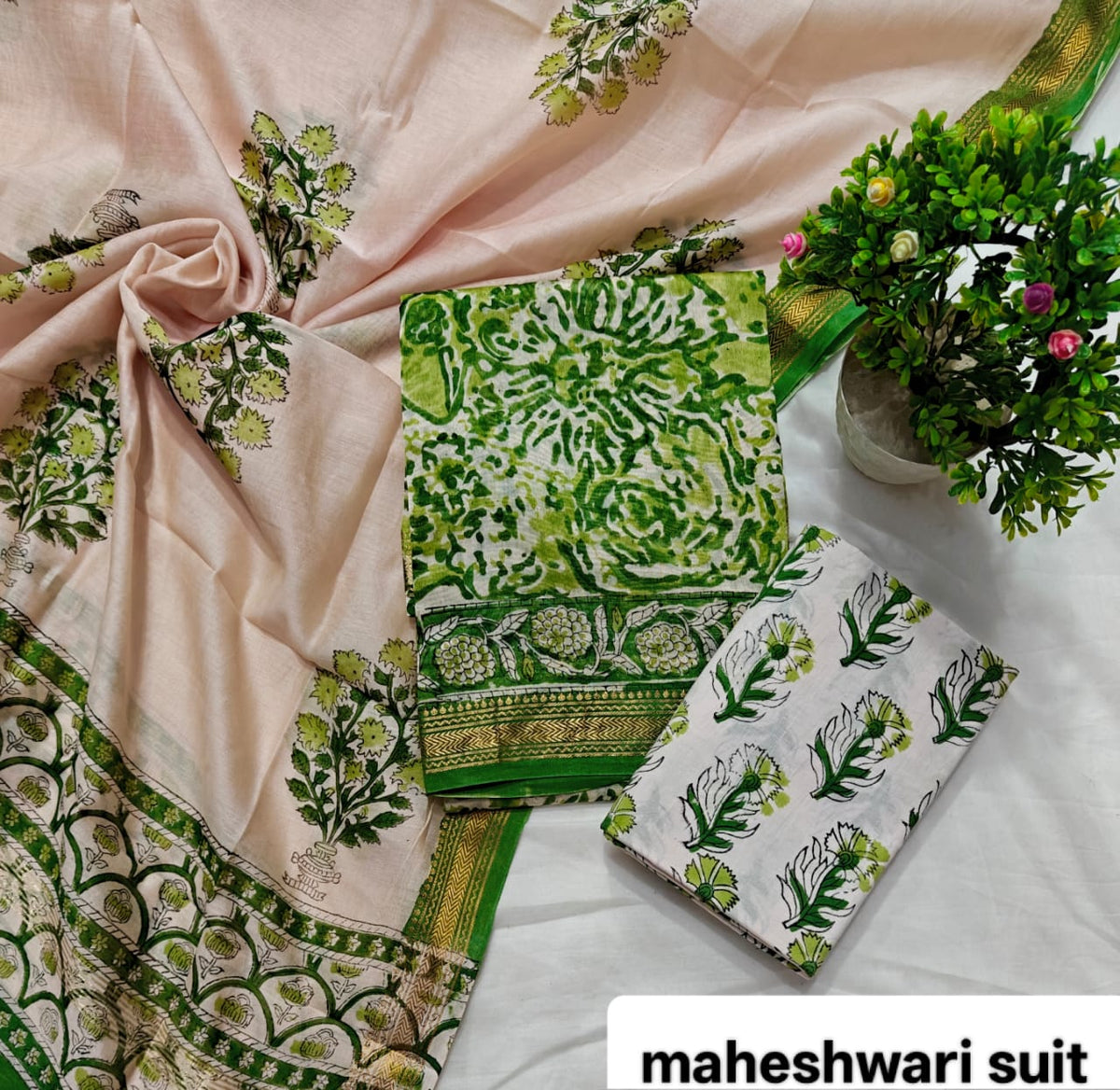 Peach and Forest Green Floral Pattern Handblock Printed Pure Maheshwari Silk Suit Set with Zari Border