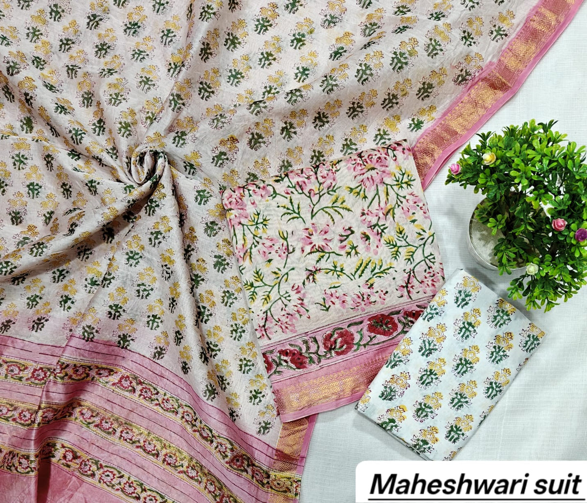 Pink & Green Floral Vine Motif Handblock Printed Pure Maheshwari Silk Unstitched Suit Set with Dupatta
