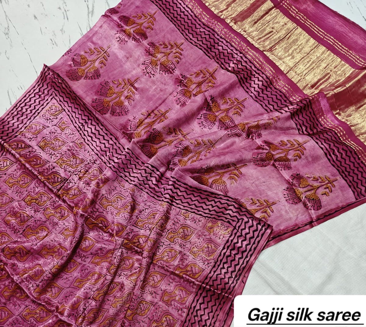 Pink & Maroon Bandhani Ajrakh Handblock Saree in Pure Gajji Silk