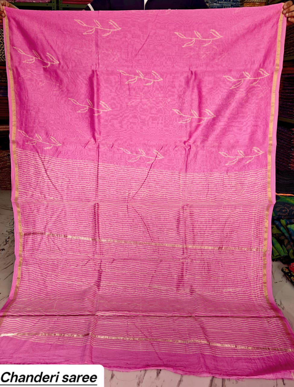 Pink & Maroon Border Chanderi Bagru Handblock Printed Silk Cotton Saree With Blouse