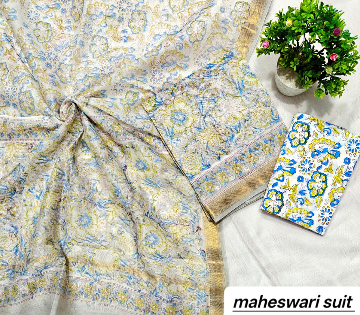 Powder Blue and Cream Floral Vine Handblock Printed Pure Maheshwari Silk Suit Set with Zari Border