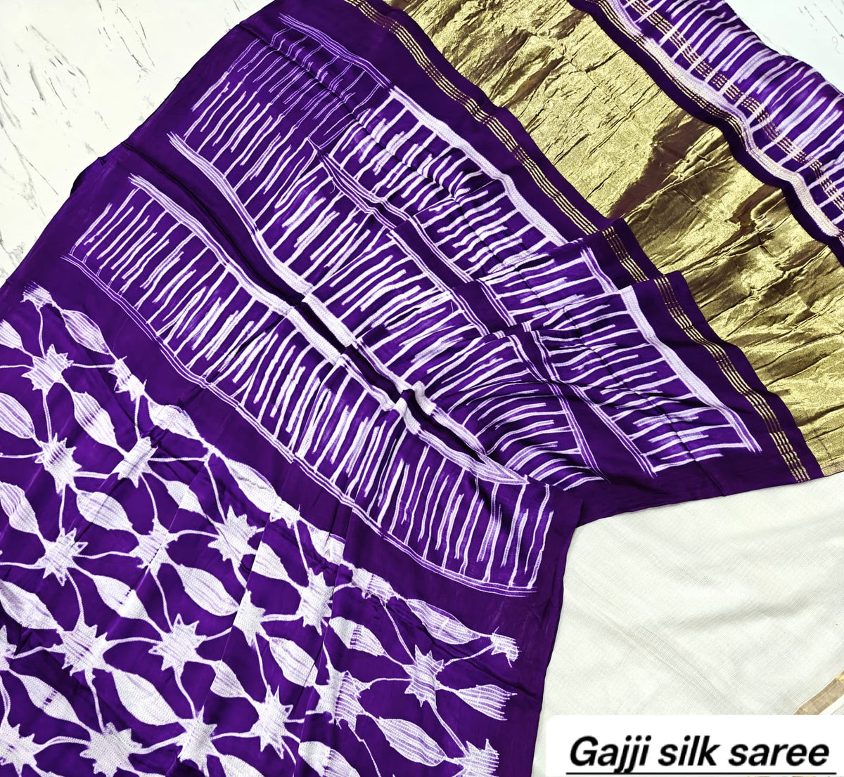 Purple & White Geometric Ajrakh Handblock Saree in Pure Gajji Silk