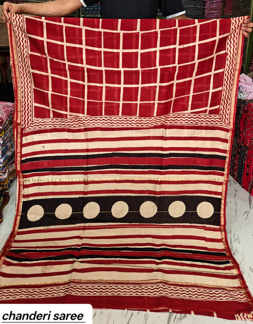 Red & Black Geometric Border Chanderi Bagru Handblock Printed Silk Cotton Saree With Blouse
