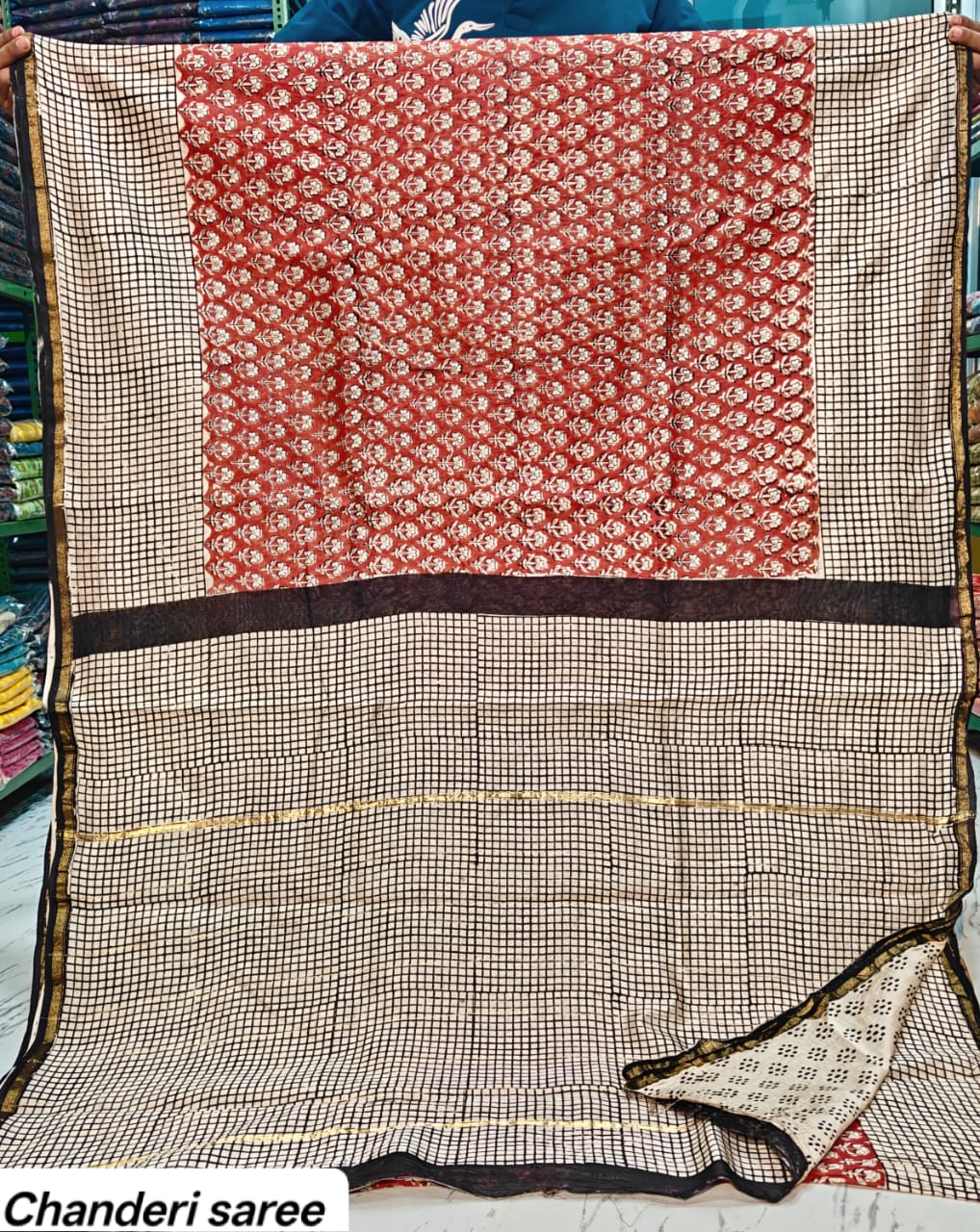 Red & Black Geometric Border Chanderi Bagru Handblock Printed Silk Saree With Blouse