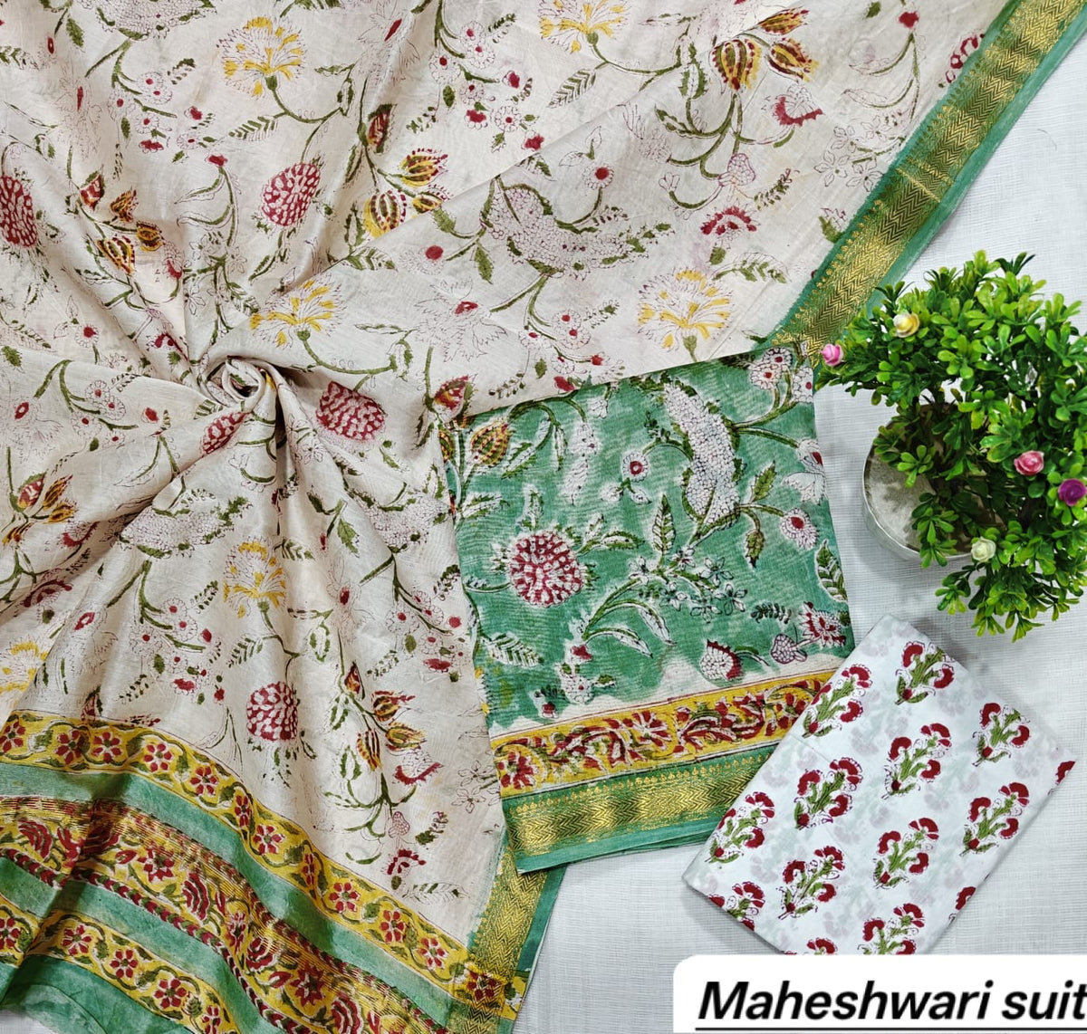 Red & Green Floral Motif Handblock Printed Pure Maheshwari Silk Unstitched Suit Set with Dupatta