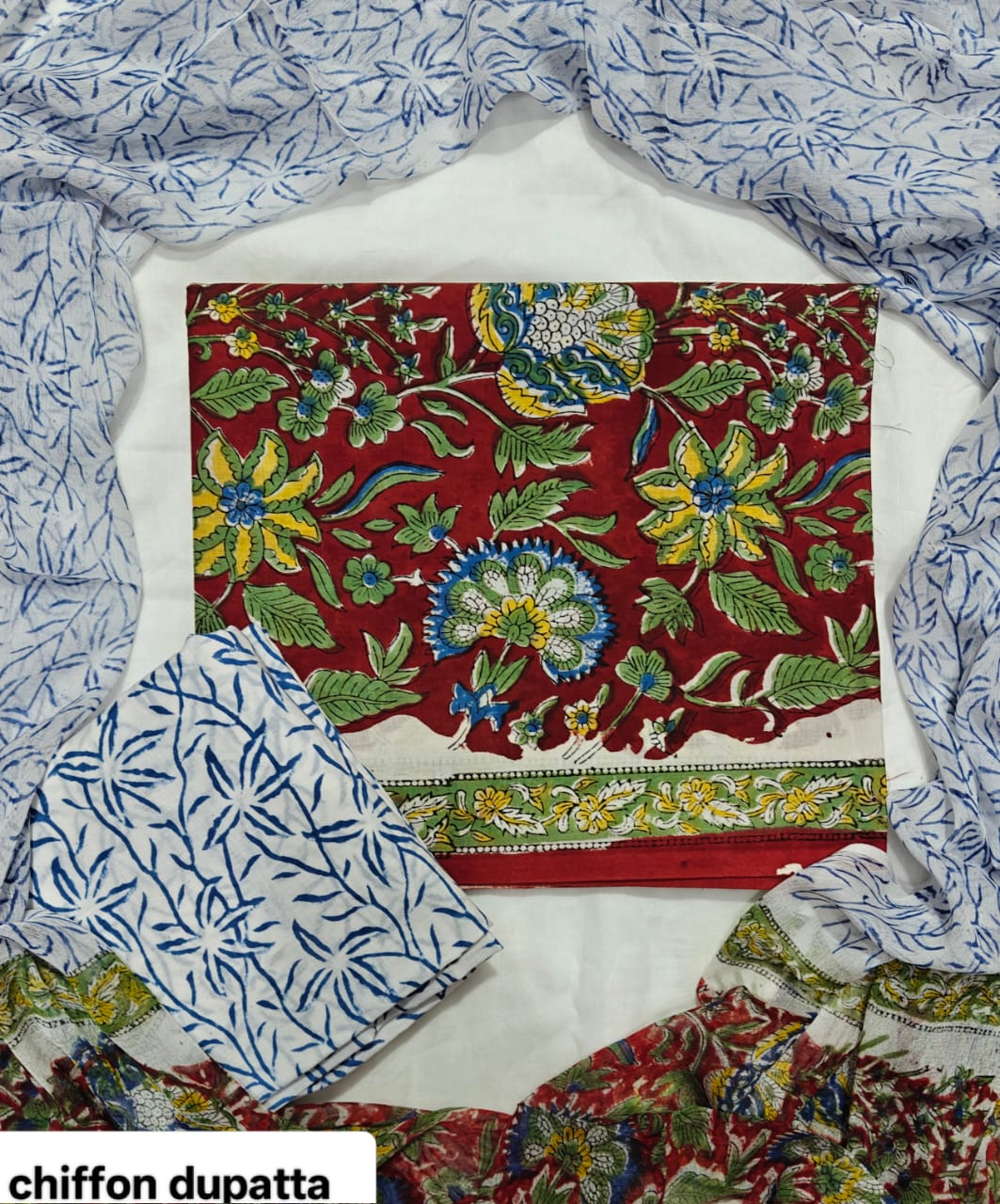Red and Blue Floral Traditional Handblock Cotton Suit Set with Chiffon Dupatta
