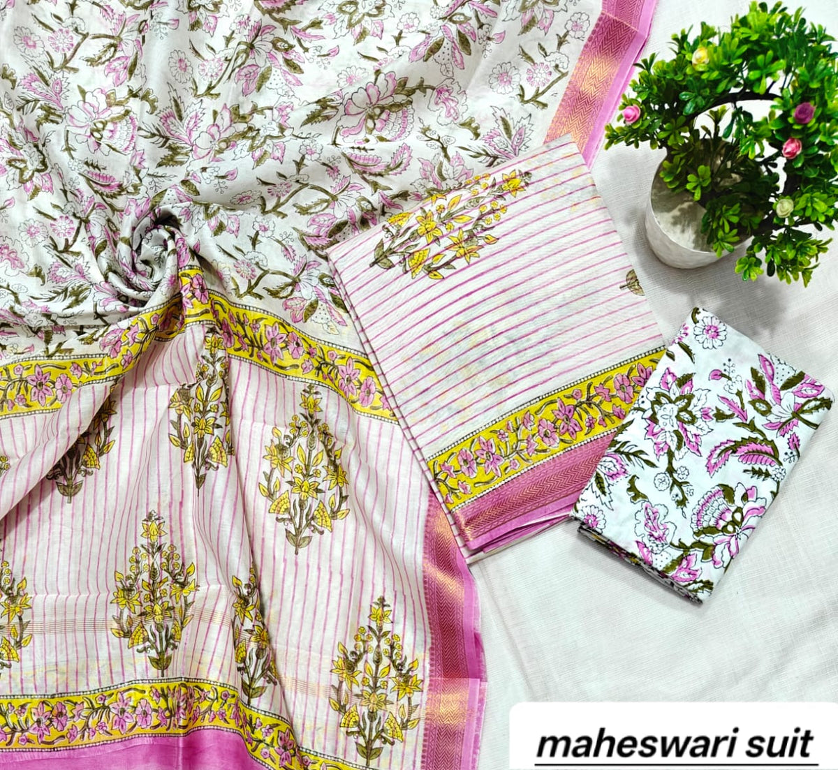 Rose Pink and White Abstract Floral Handblock Printed Pure Maheshwari Silk Suit Set with Zari Border