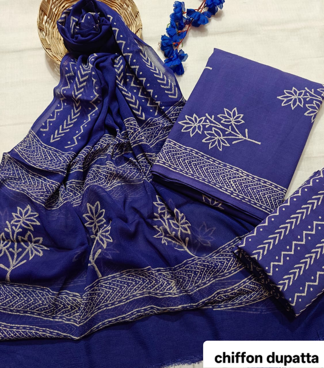 Royal Blue Classic Traditional Handblock Cotton Suit Set with Chiffon Dupatta