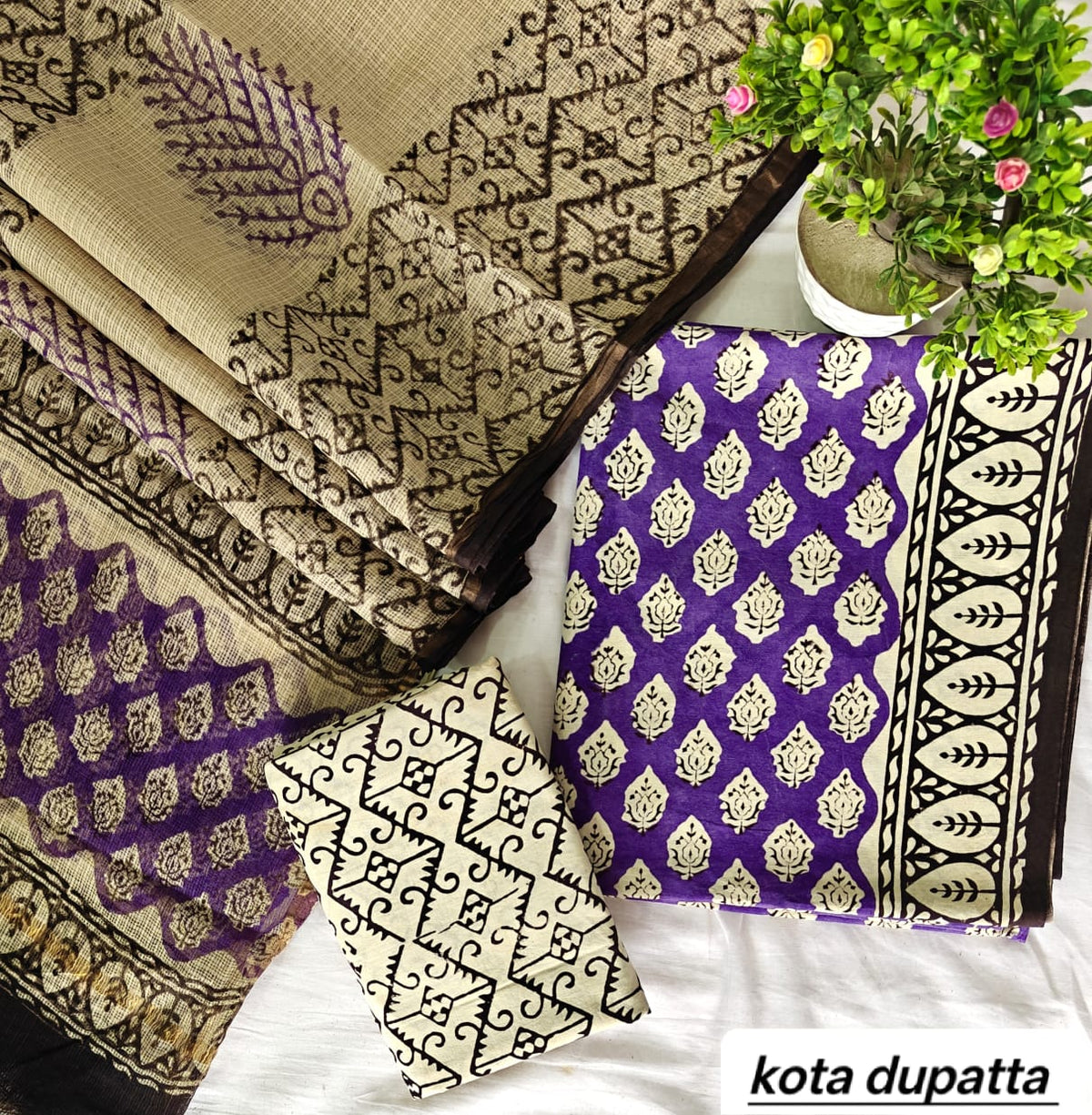 Royal Purple and Beige Zigzag Traditional Cotton Suit Set with Kota Doria Dupatta (Handblock Printed)