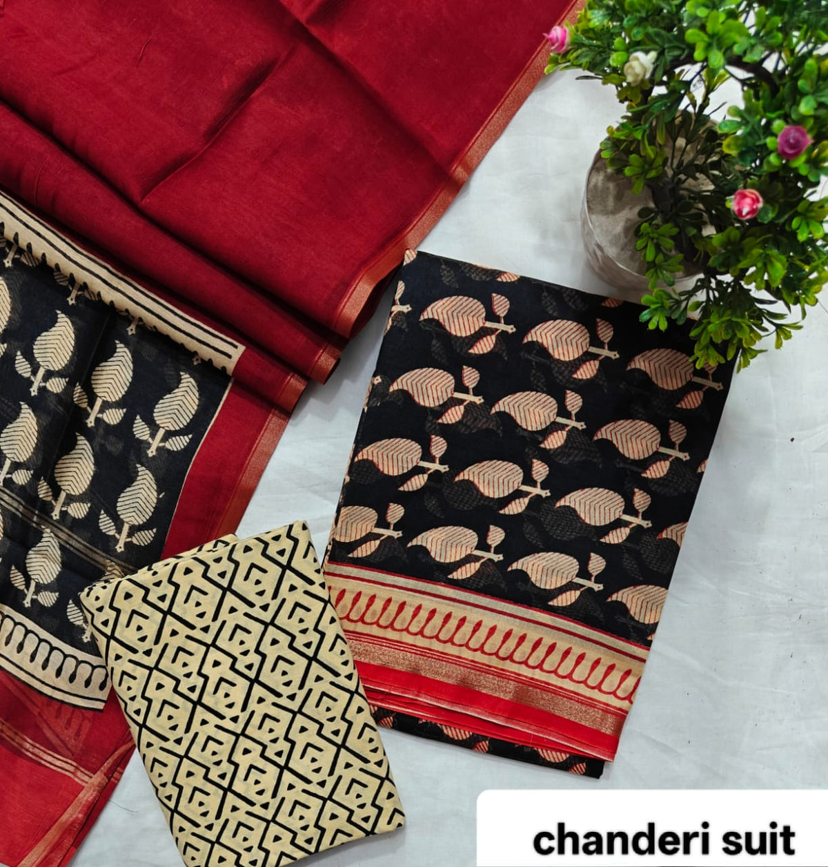 Ruby Red and Black Floral Block Handblock Printed Pure Chanderi Silk Unstitched Suit Set