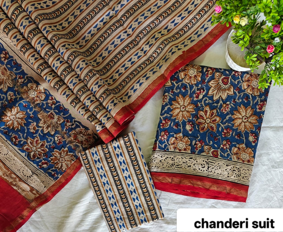 Rust Red and Indigo Floral Motif Handblock Printed Pure Chanderi Silk Unstitched Suit Set