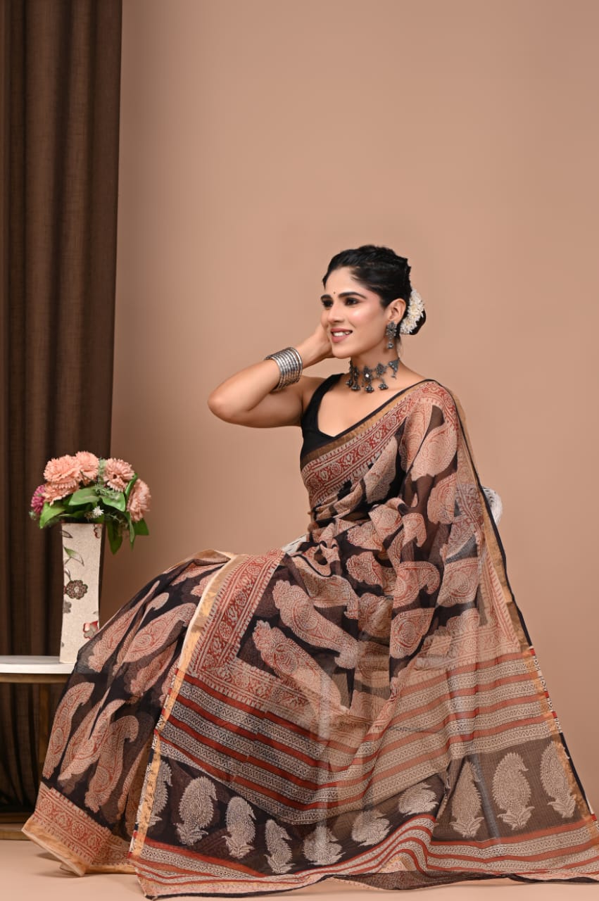 Rust Brown & Black Abstract Hand Block Printed Kota Doria Cotton Saree