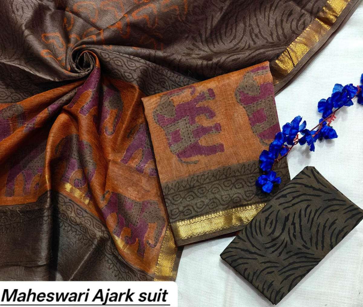 Rust Brown & Maroon Geometric Pure Maheshwari Silk with Ajrakh Print Unstitched Suit Set with Dupatta