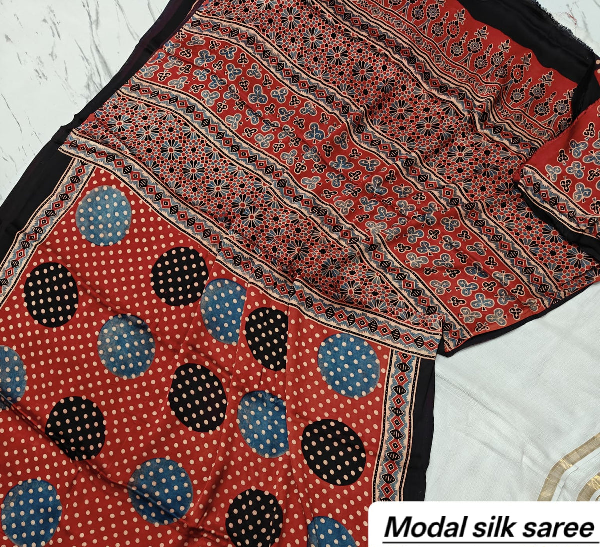 Rust Red & Blue Polka Dot Handblock Print Pure Modal Silk Ajrakh Saree