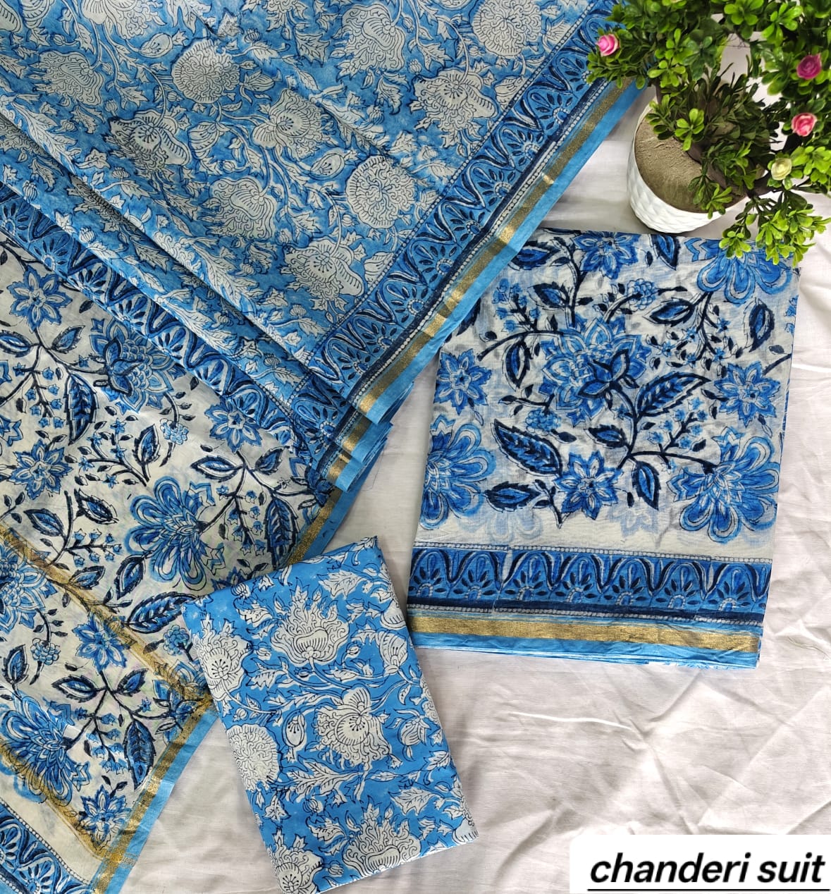 Sky Blue Floral Jaal Handblock Printed Pure Chanderi Silk Unstitched Suit Set