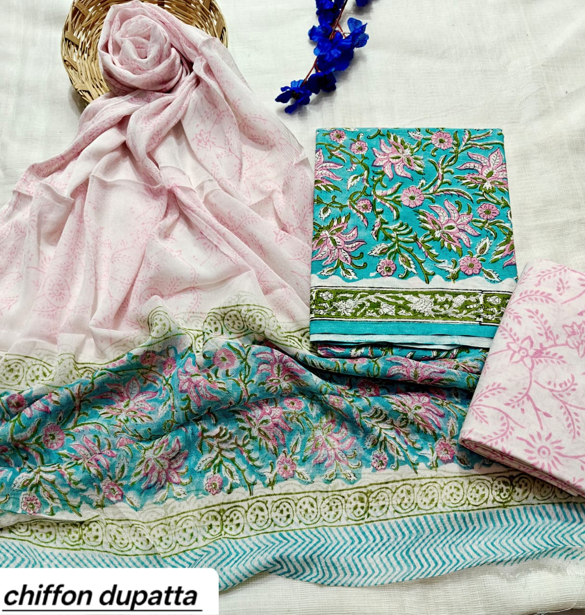 Soft Pink and Green Floral Traditional Handblock Cotton Suit Set with Chiffon Dupatta