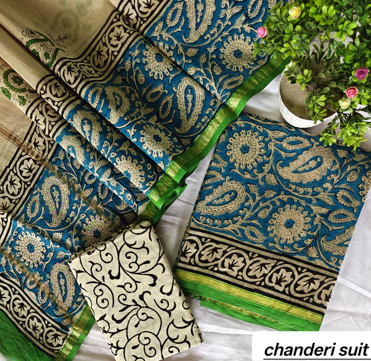 Teal Green and Blue Floral Pattern Handblock Printed Pure Chanderi Silk Unstitched Suit Set