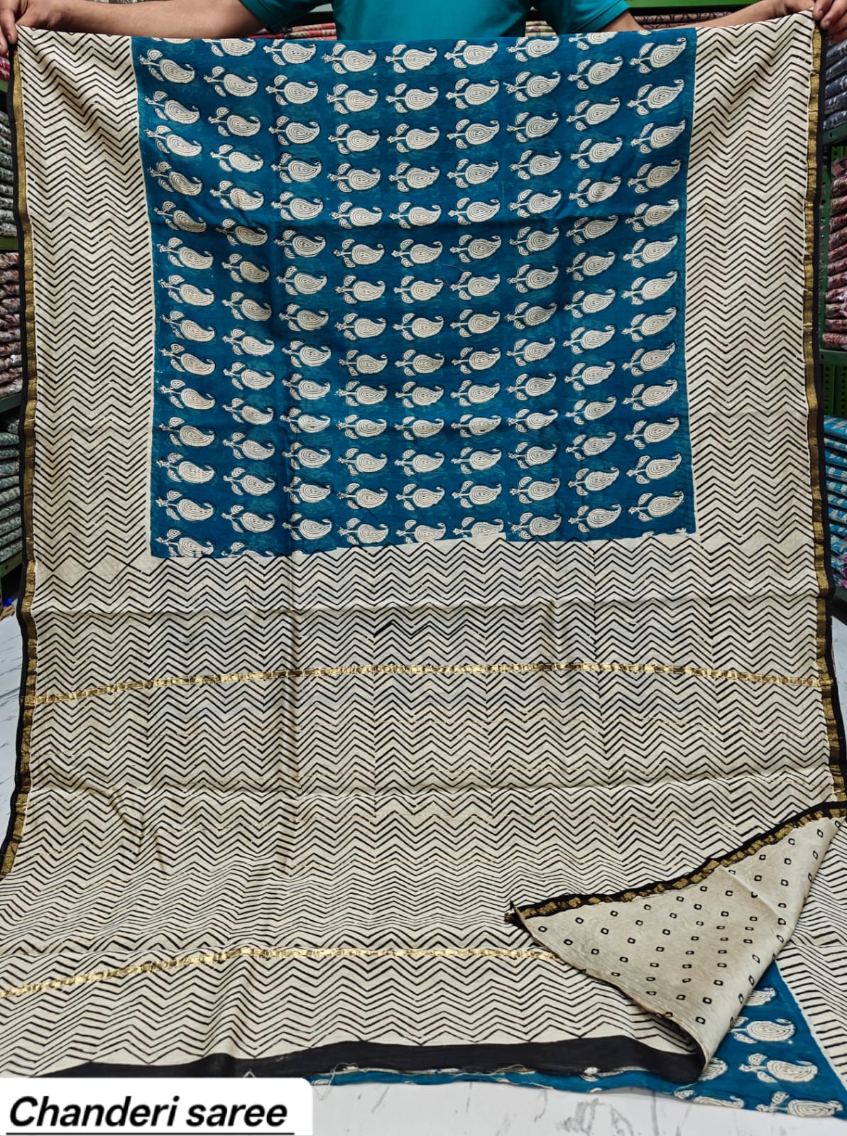 Teal Blue & Black Paisley Motif Chanderi Bagru Handblock Printed Silk Saree With Blouse