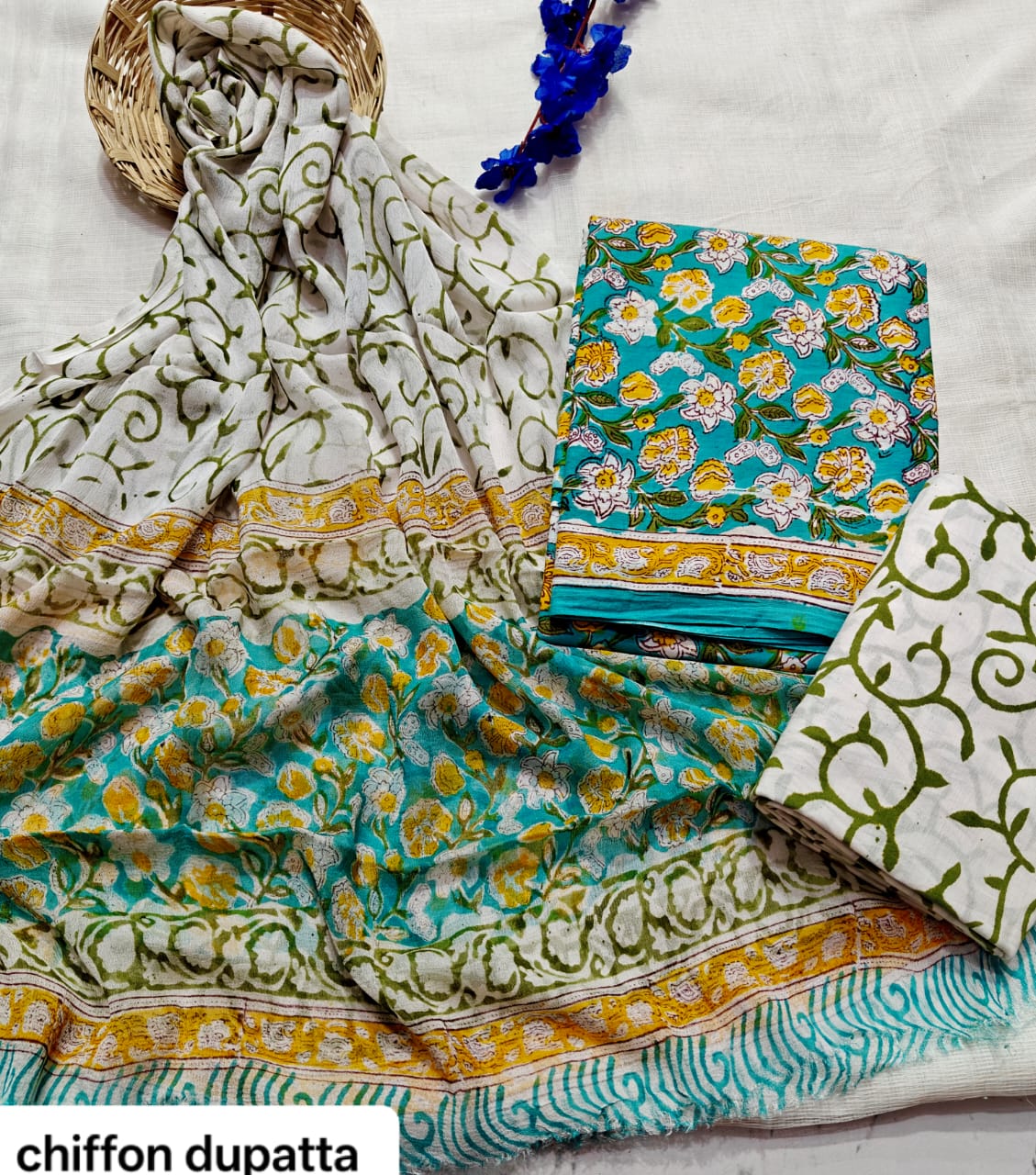Teal and Off-White Floral Traditional Handblock Cotton Suit Set with Chiffon Dupatta