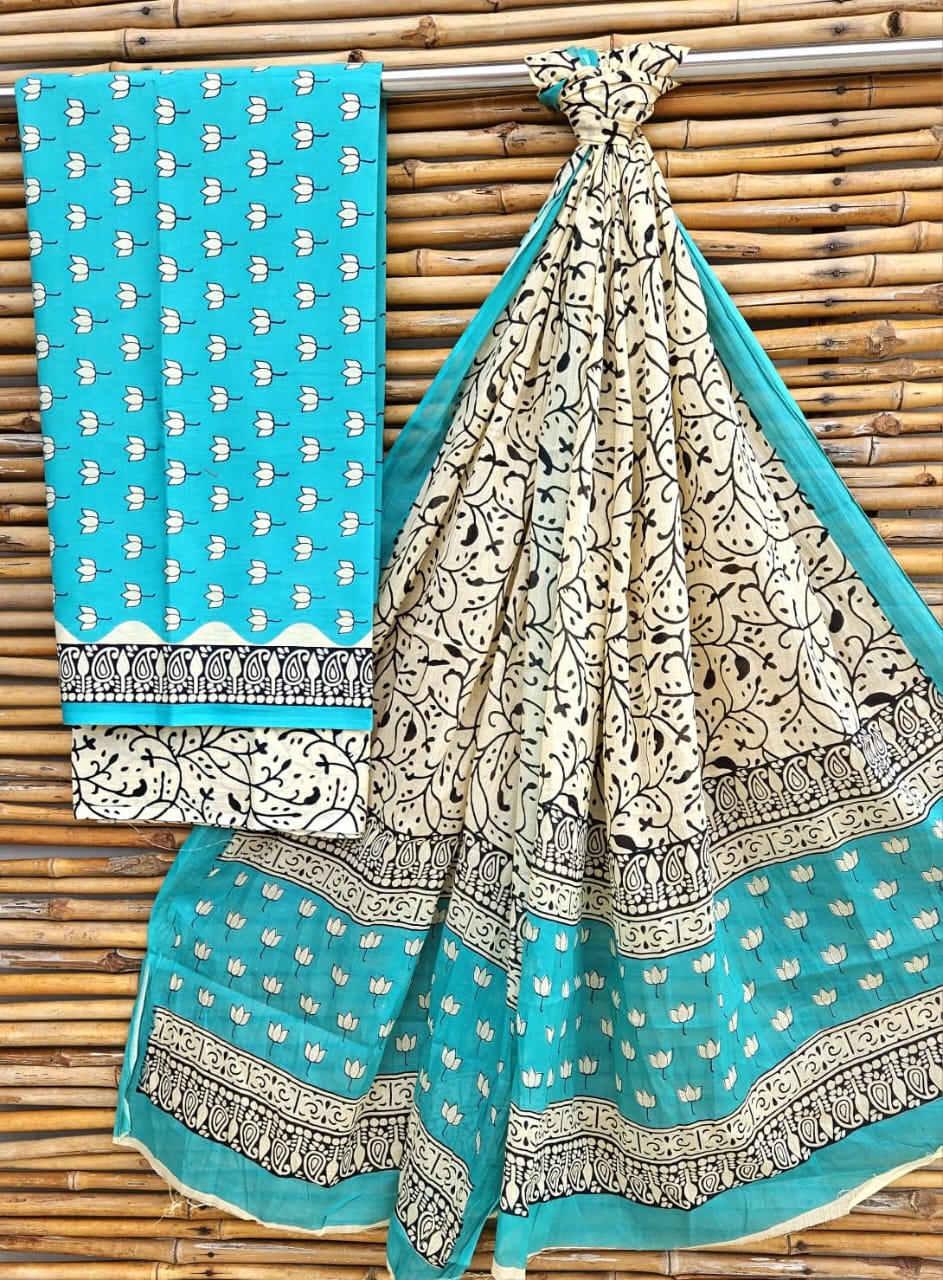 Turquoise Blue and Cream Handblock Printed Cotton Suit Set - Floral Jaal Border