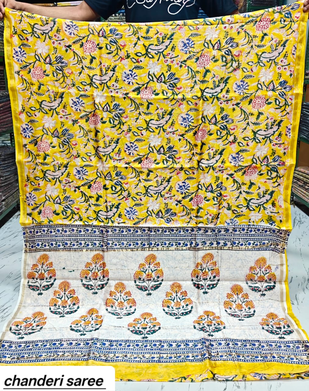Yellow & Blue Floral Vine Chanderi Bagru Handblock Printed Silk Cotton Saree With Blouse