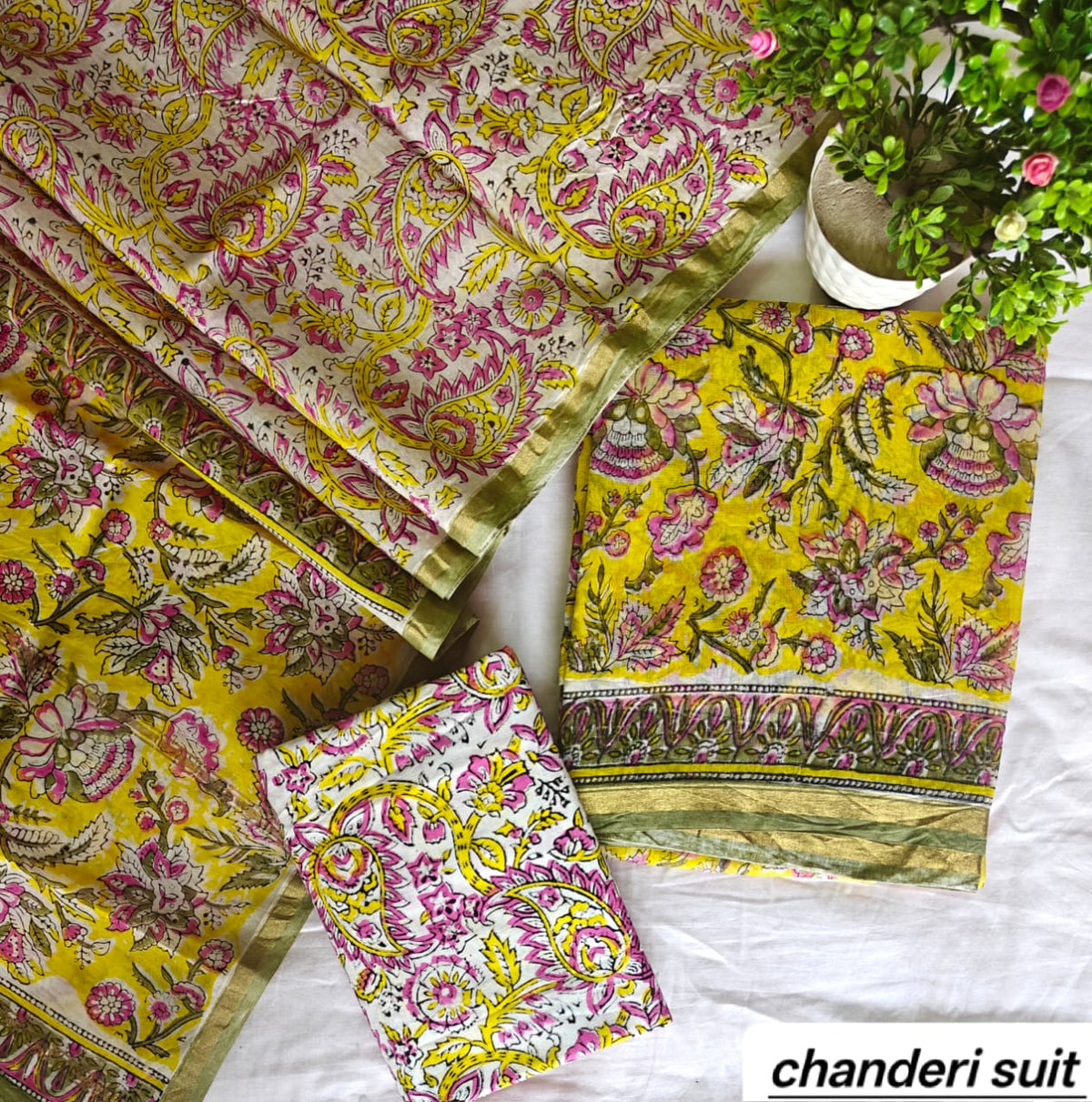 Yellow and Pink Floral Jaal Handblock Printed Pure Chanderi Silk Unstitched Suit Set