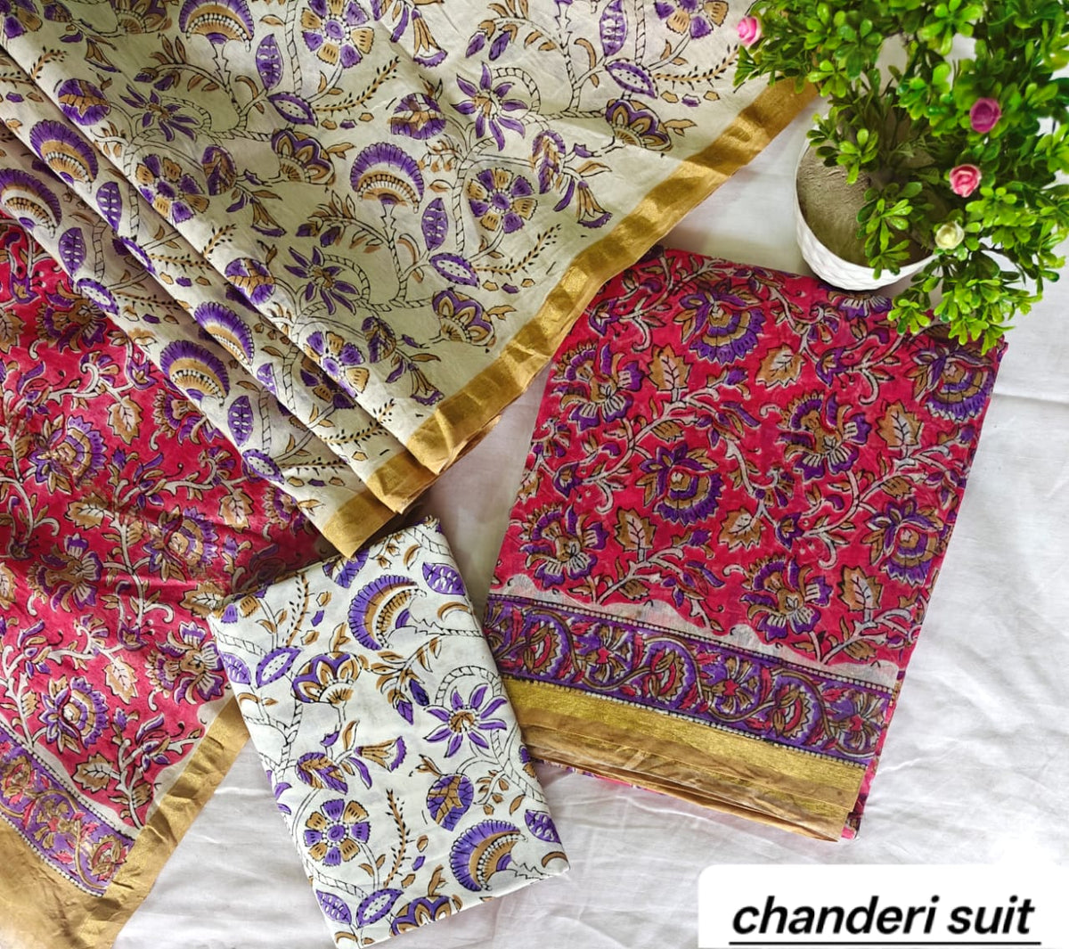 Ash Grey and Rose Pink Floral Booti Handblock Printed Pure Chanderi Silk Unstitched Suit Set