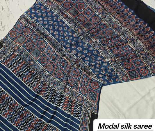 Beautiful Variant 0 Handblock Print Pure Modal Silk Ajrakh Saree