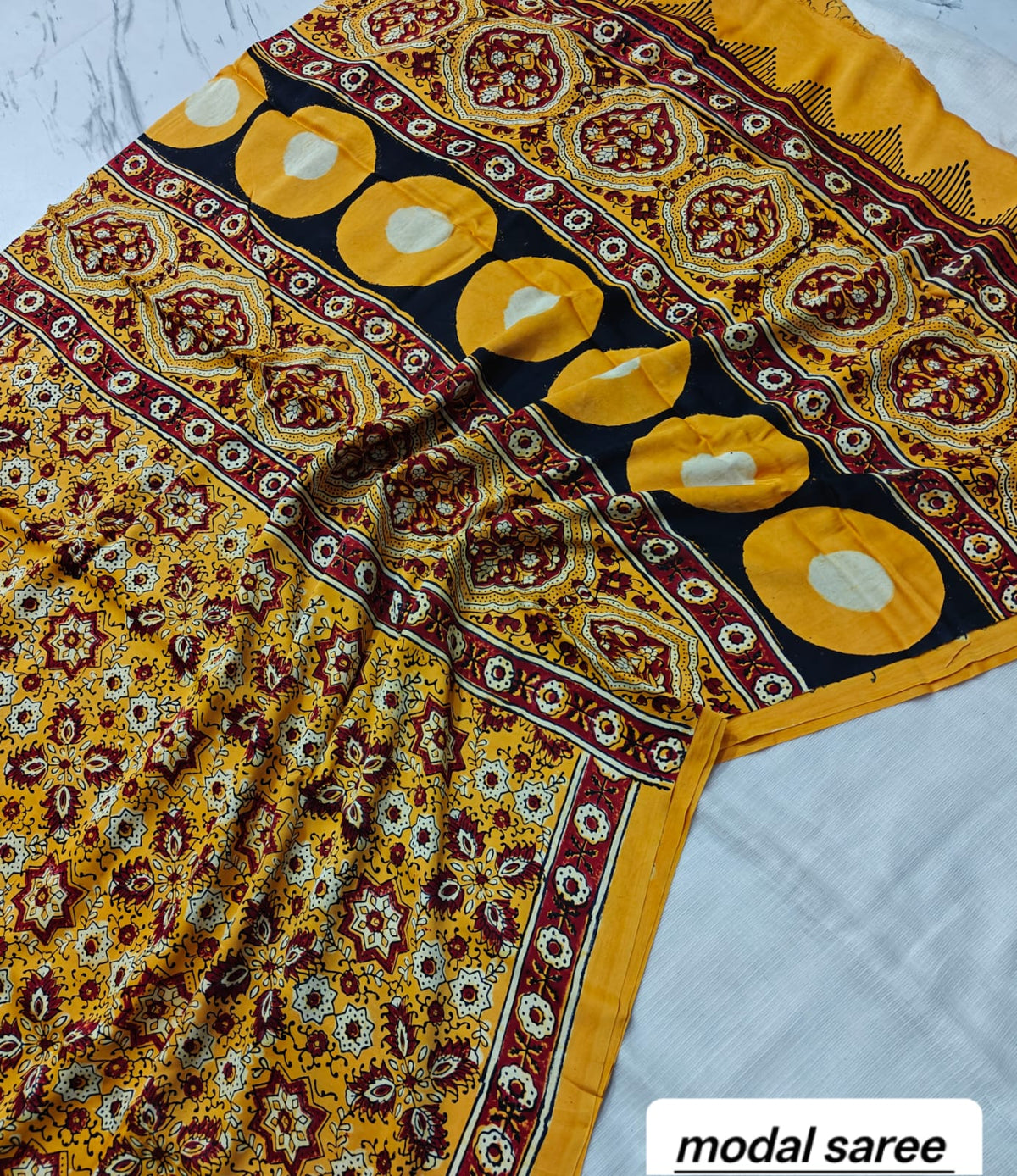 Beautiful Variant 1 Handblock Print Pure Modal Silk Ajrakh Saree