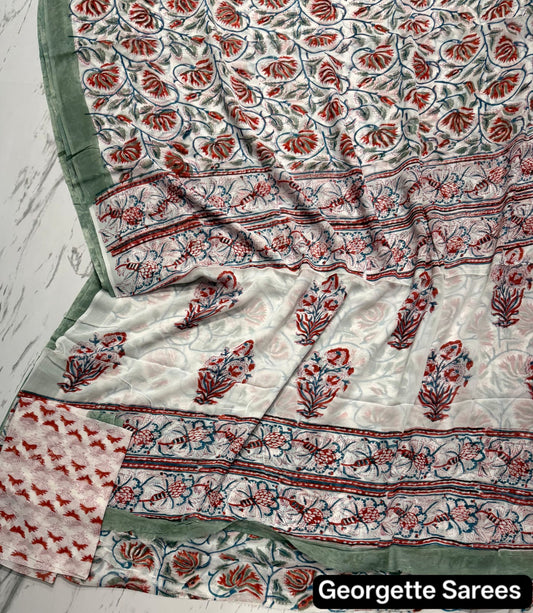 Beautiful Variant 3 Handblock Printed Georgette Saree