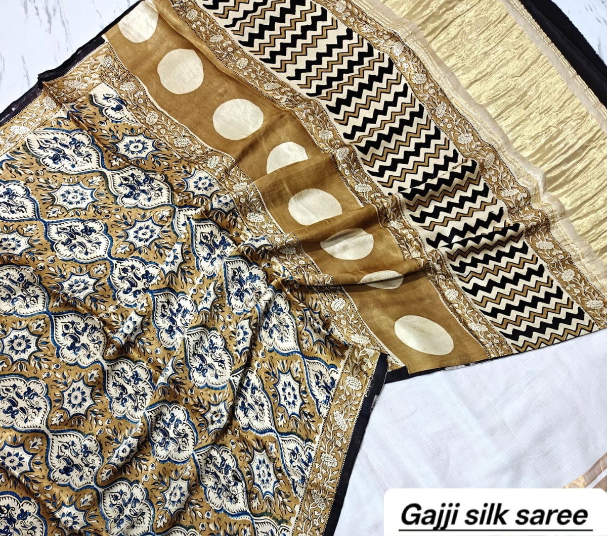 Beige & Black Floral Motif Ajrakh Handblock Saree in Pure Gajji Silk
