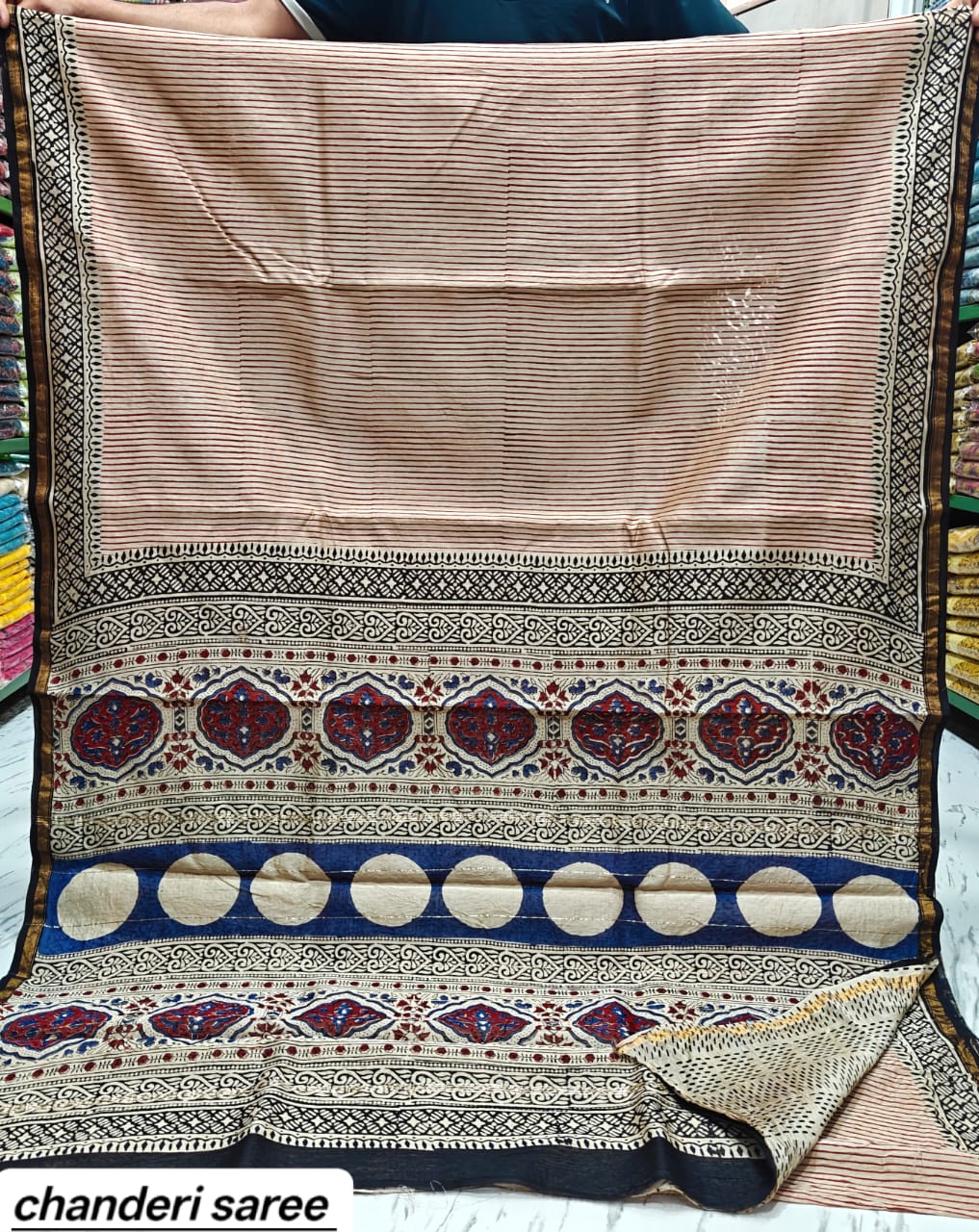 Beige & Blue Geometric Motif Chanderi Bagru Handblock Printed Silk Cotton Saree With Blouse