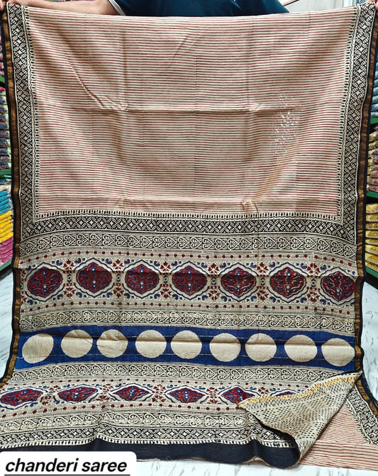 Beige & Blue Geometric Motif Chanderi Bagru Handblock Printed Silk Cotton Saree With Blouse