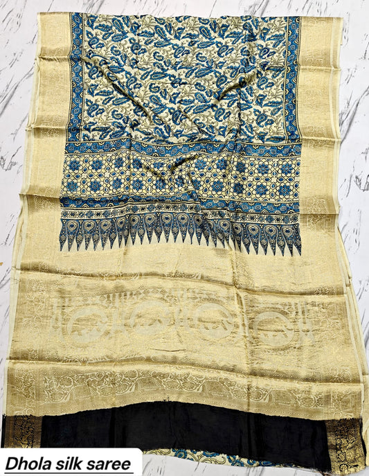 Beige & Indigo Floral Geometric Pure Dola Silk Ajrakh Handblock Printed Saree